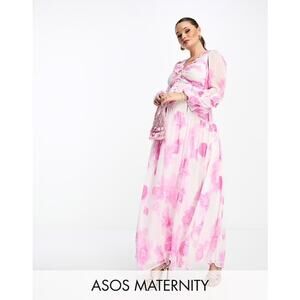 ASOS Design Maternity Pintuck Lace Insert Pink Floral Maxi Dress Size 12